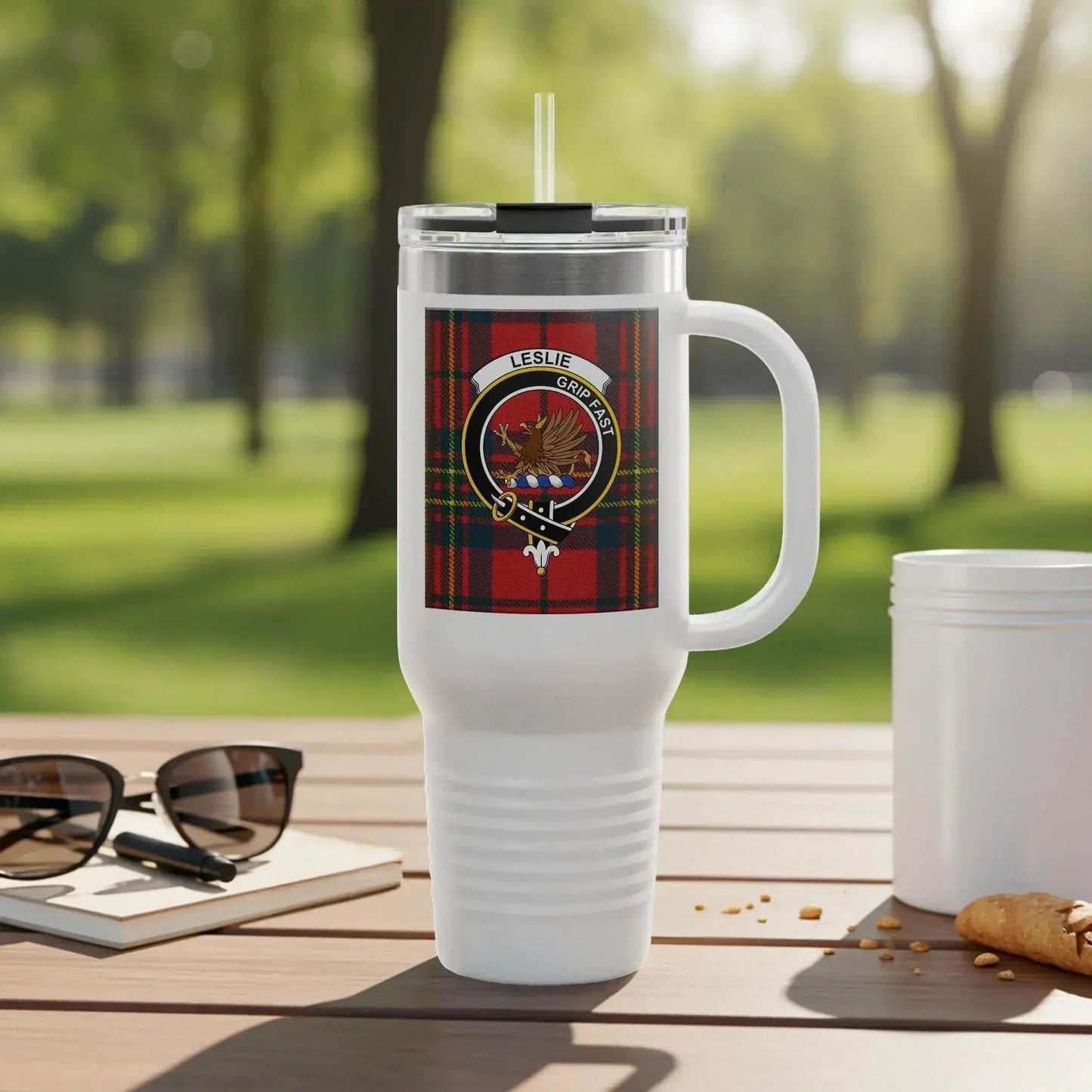 Red Plaid Insulated Travel Mug with Leslie Crest design product type