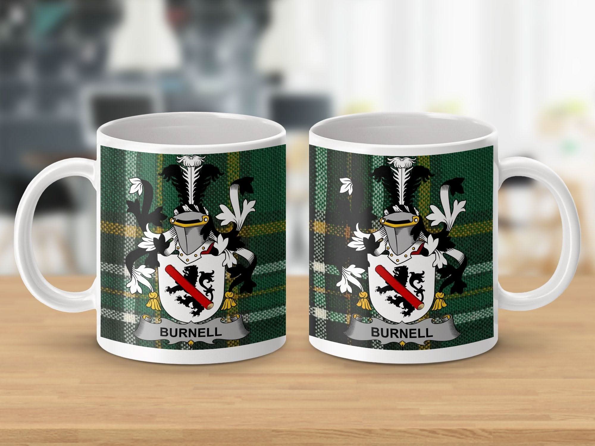 Burnell Surname Family Crest Irish Tartan Mug - Celtic Ancestry Gifts
