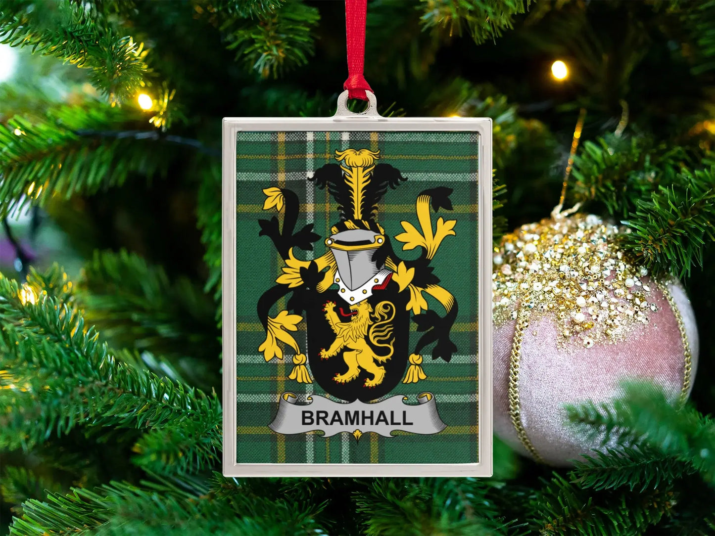 Bramhall Family Crest Plaid Background Ornament product