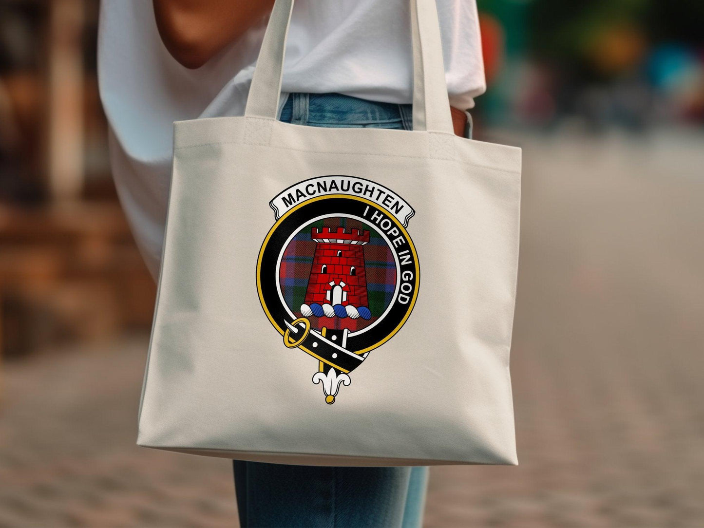MacNaughten Hope In God Clan Crest Tartan Tote Bags - Celtic Ancestry Gifts