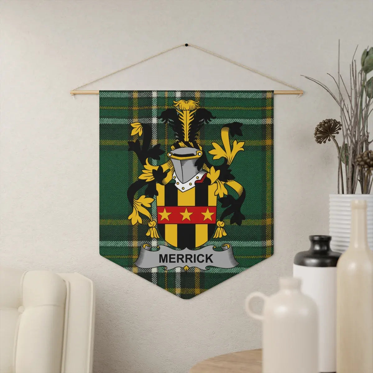 Merrick Family Crest Green Tartan Plaid Wall Banner product type