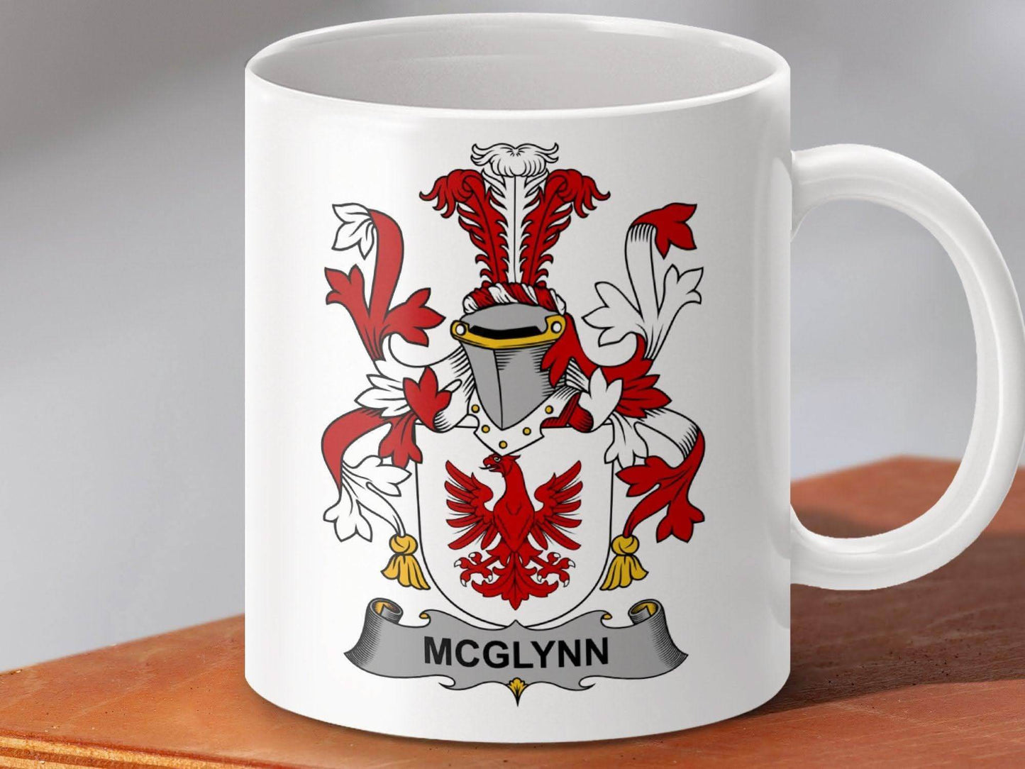 McGlynn Family Crest Red and White Decorative Mug - Celtic Ancestry Gifts