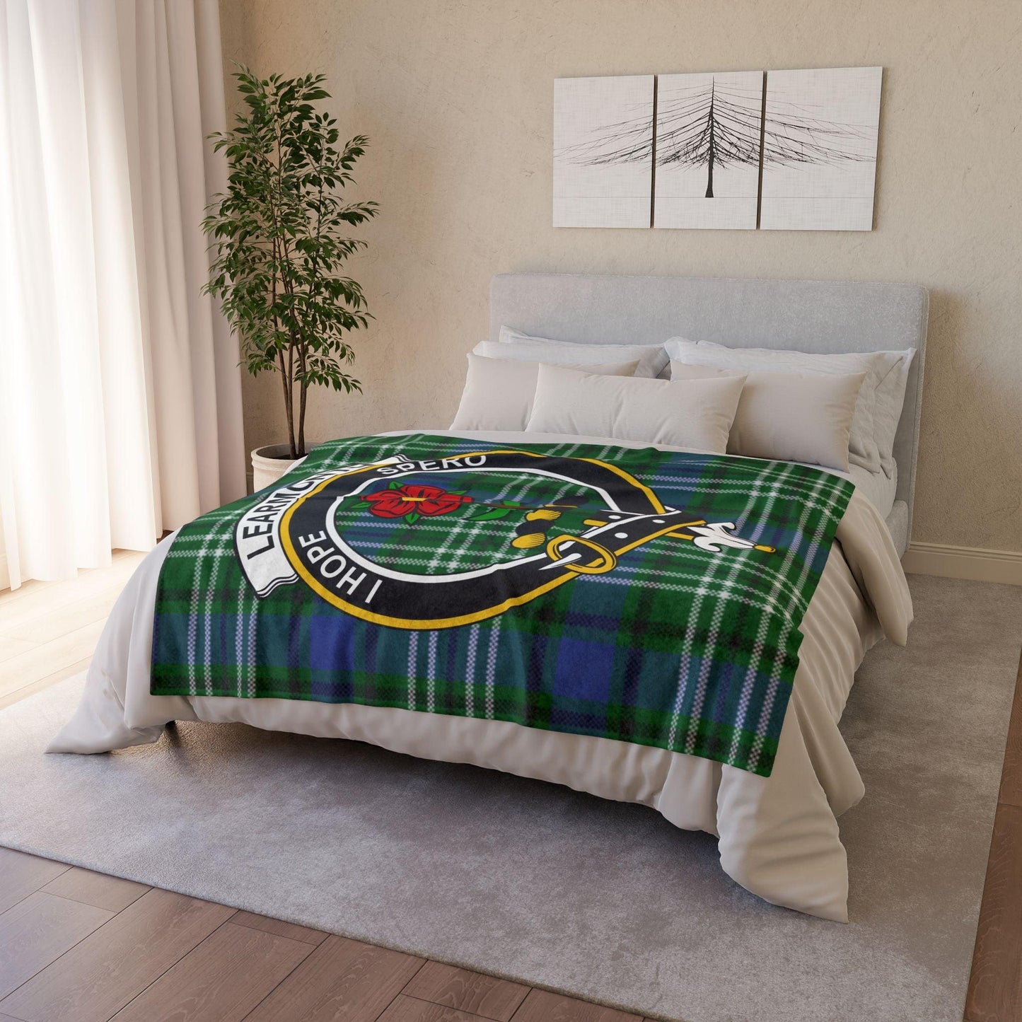 Learmonth Clan Tartan Blanket – Scottish Crest Throw, Soft & Cozy - Celtic Ancestry Gifts