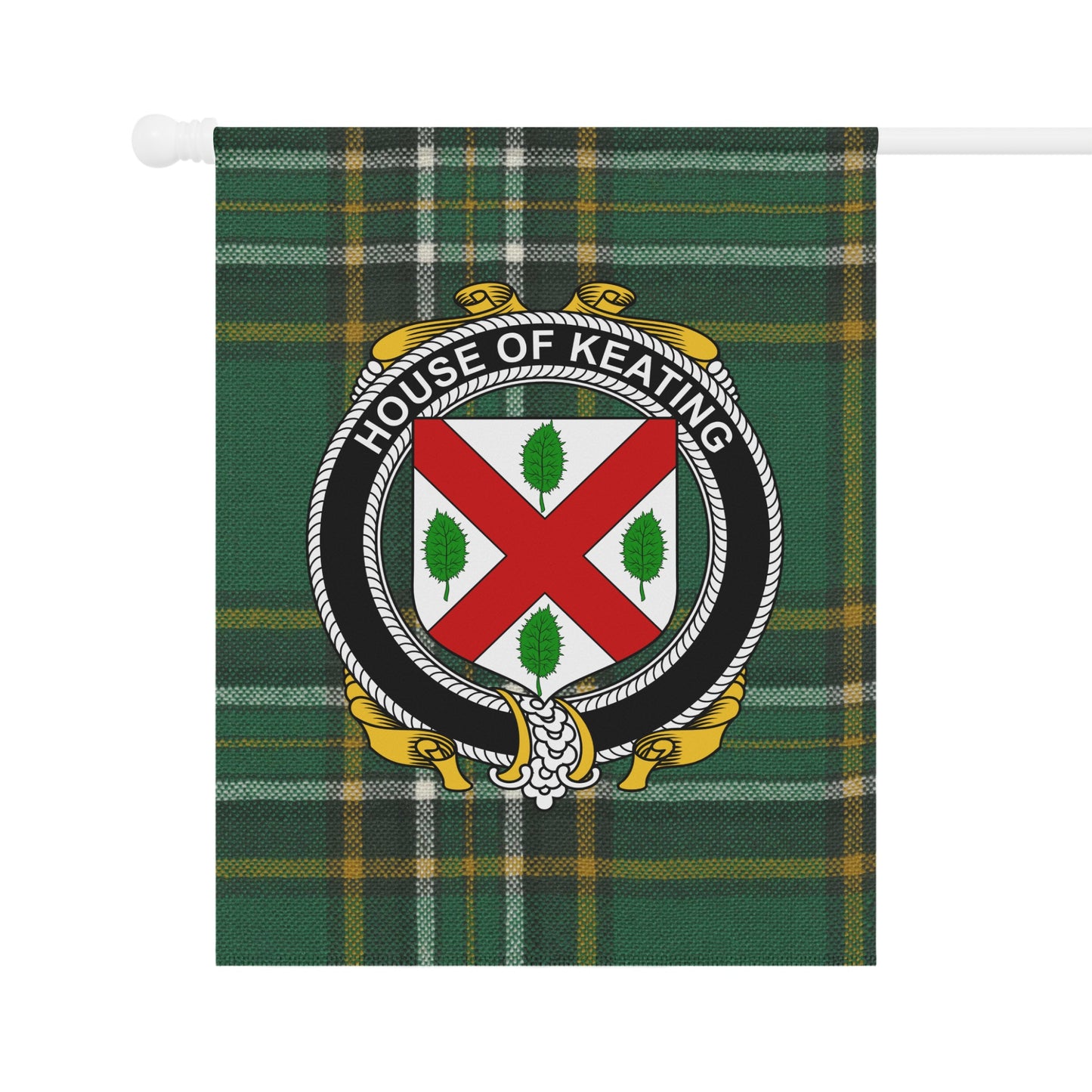 House of Keating Family Crest on Green Tartan Flag