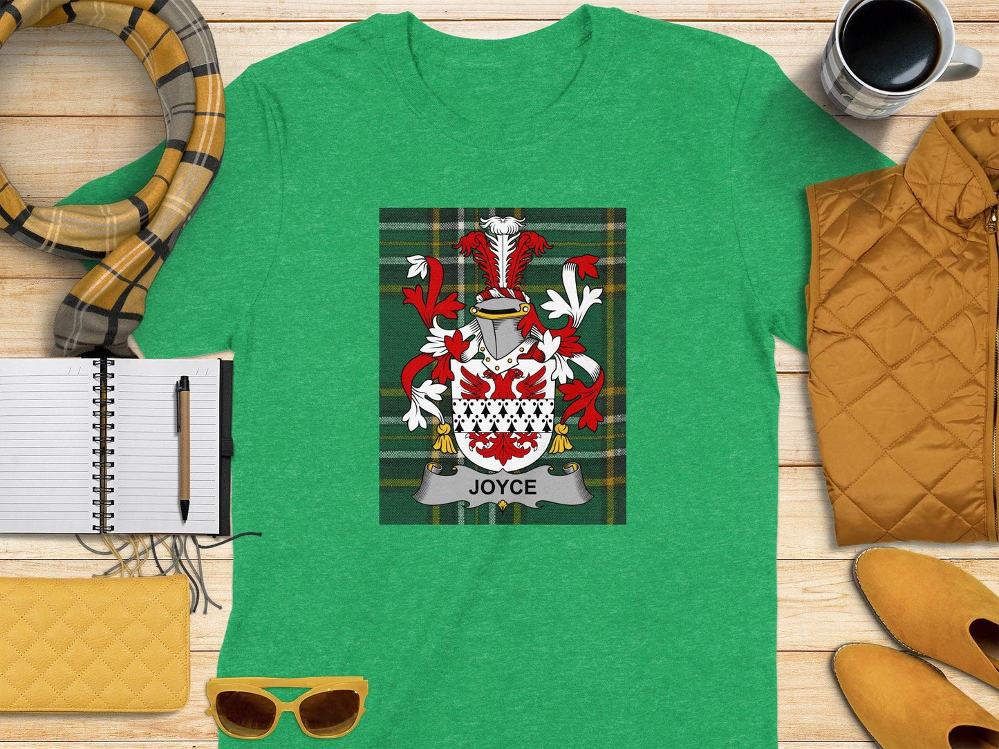 Joyce Family Crest on Green Tartan Background T-Shirt - Celtic Ancestry Gifts
