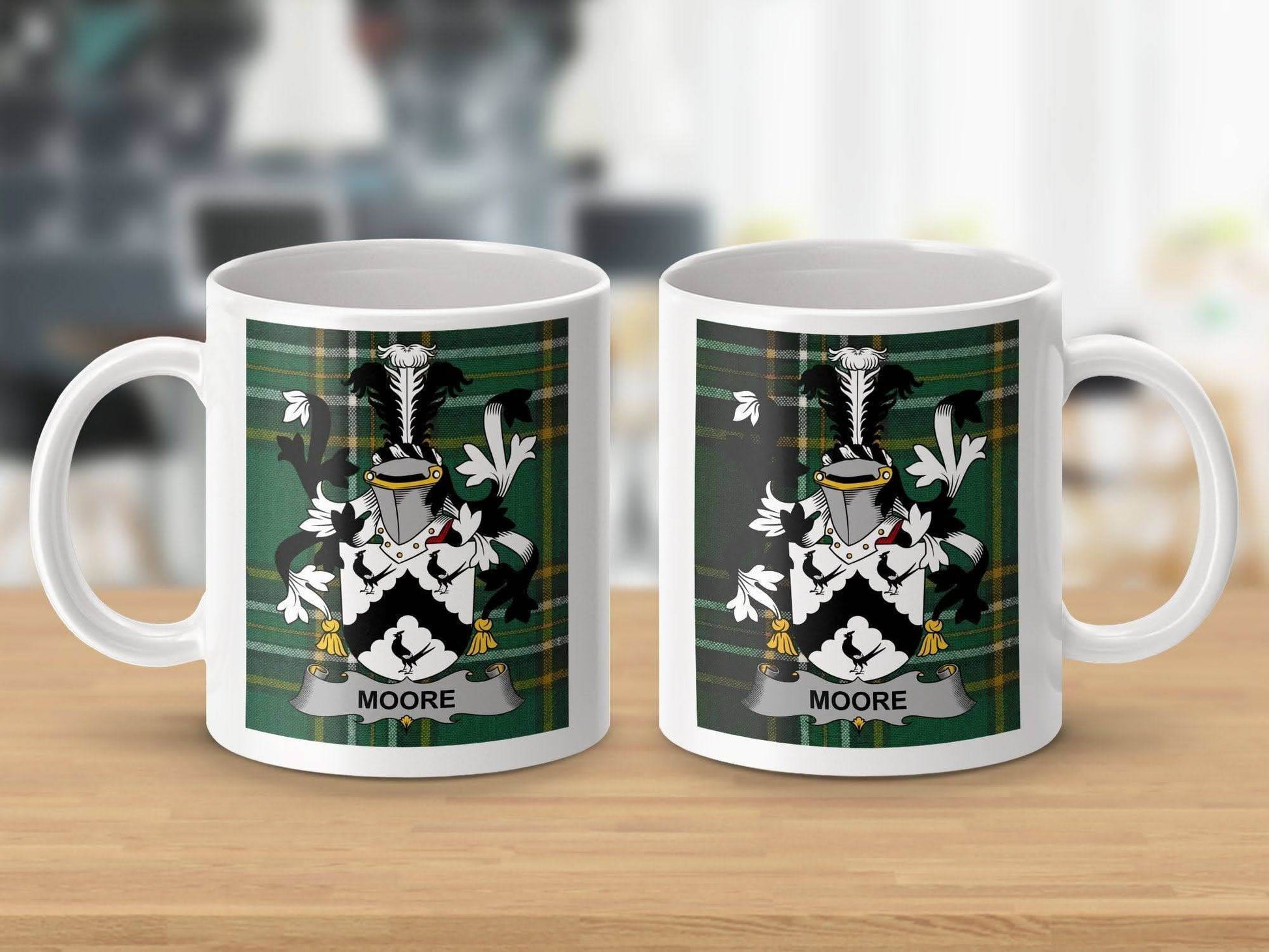 Moore Surname Family Crest Irish Tartan Mug - Celtic Ancestry Gifts