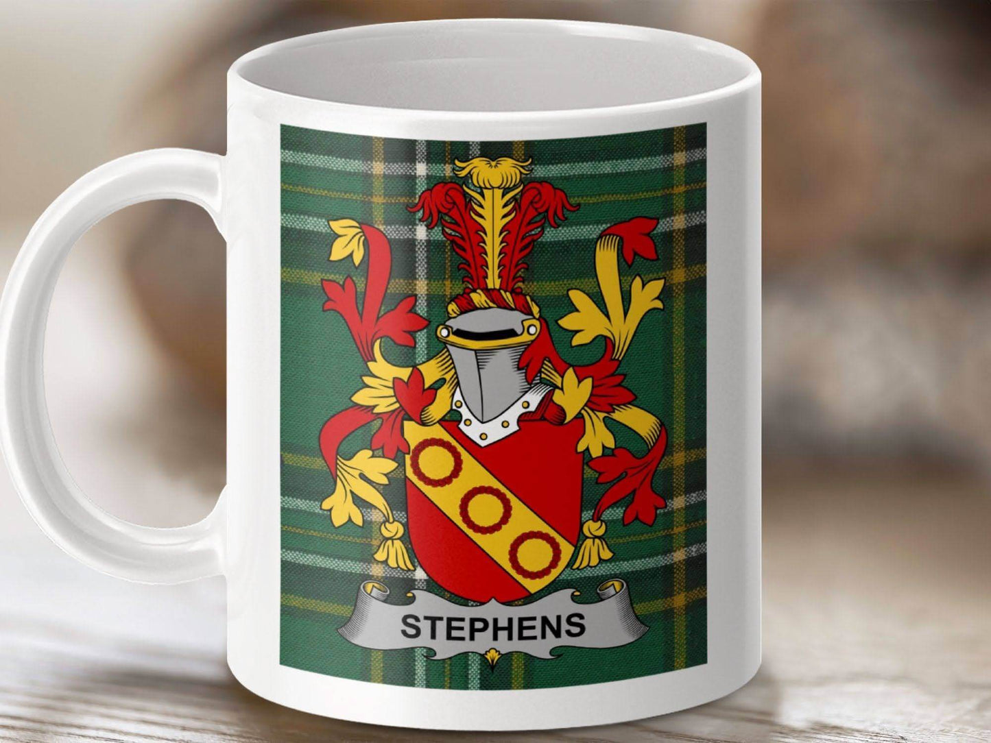 Stephens Surname Family Crest Irish Tartan Mug - Celtic Ancestry Gifts