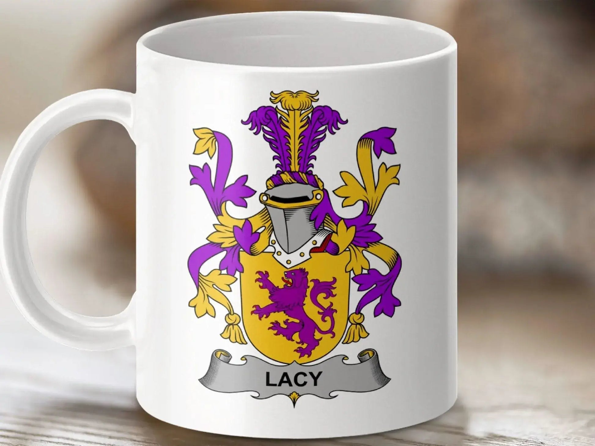 Lacy Surname Irish Coat Arms Family Crest Lion Rampant mug - Celtic Ancestry Gifts
