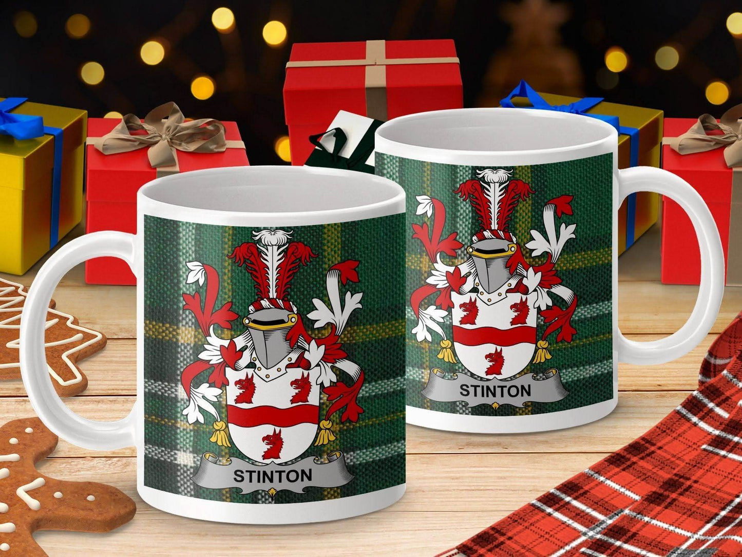 Stinton Surname Family Crest Irish National Tartan Mug - Celtic Ancestry Gifts