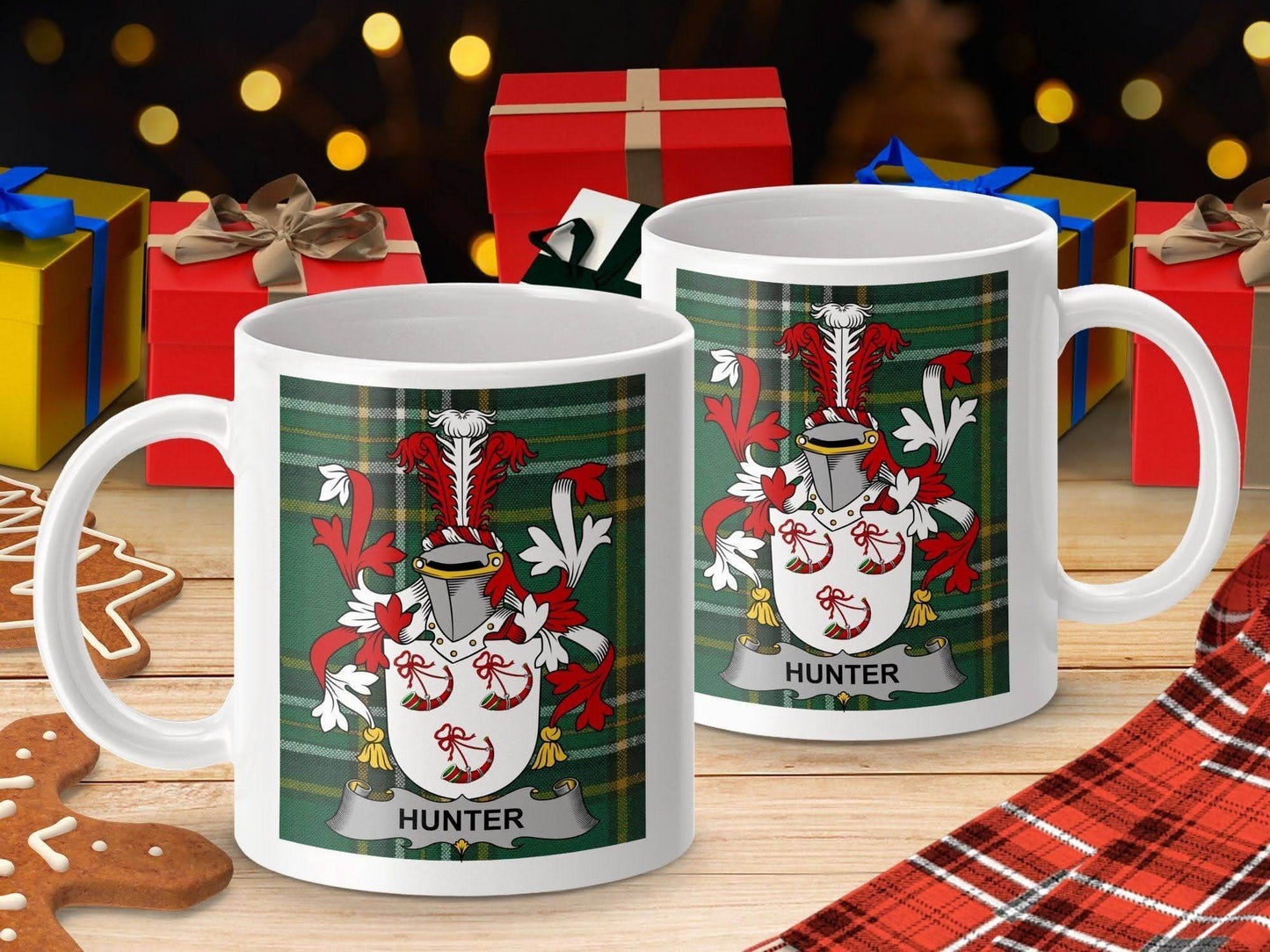 Hunter Surname Family Crest Irish National Tartan Mug - Celtic Ancestry Gifts