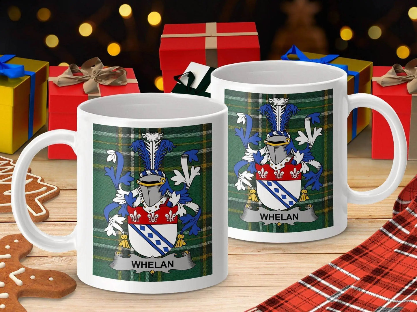 Whelan Surname Family Crest on Irish Tartan Design Mug - Celtic Ancestry Gifts