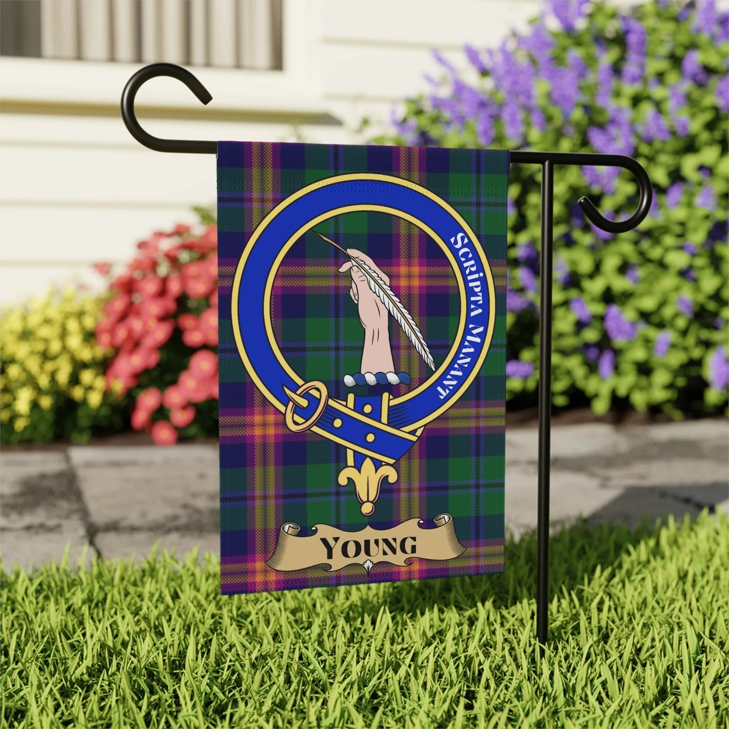 Scripta Manent Family Crest Garden Flag product