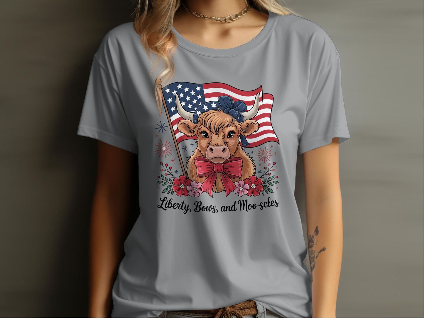 Liberty Bows and Moo-scles Patriotic Cow T-shirt product type
