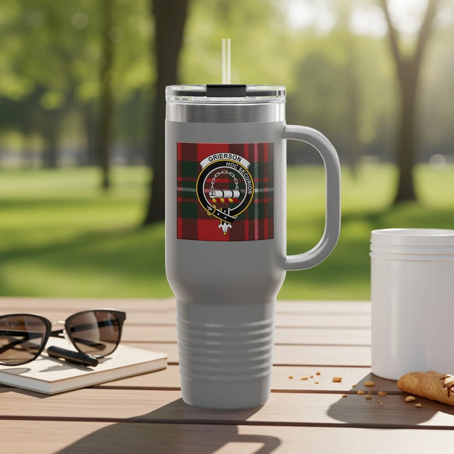 Grey Tumbler with Plaid Design and Straw Lid product
