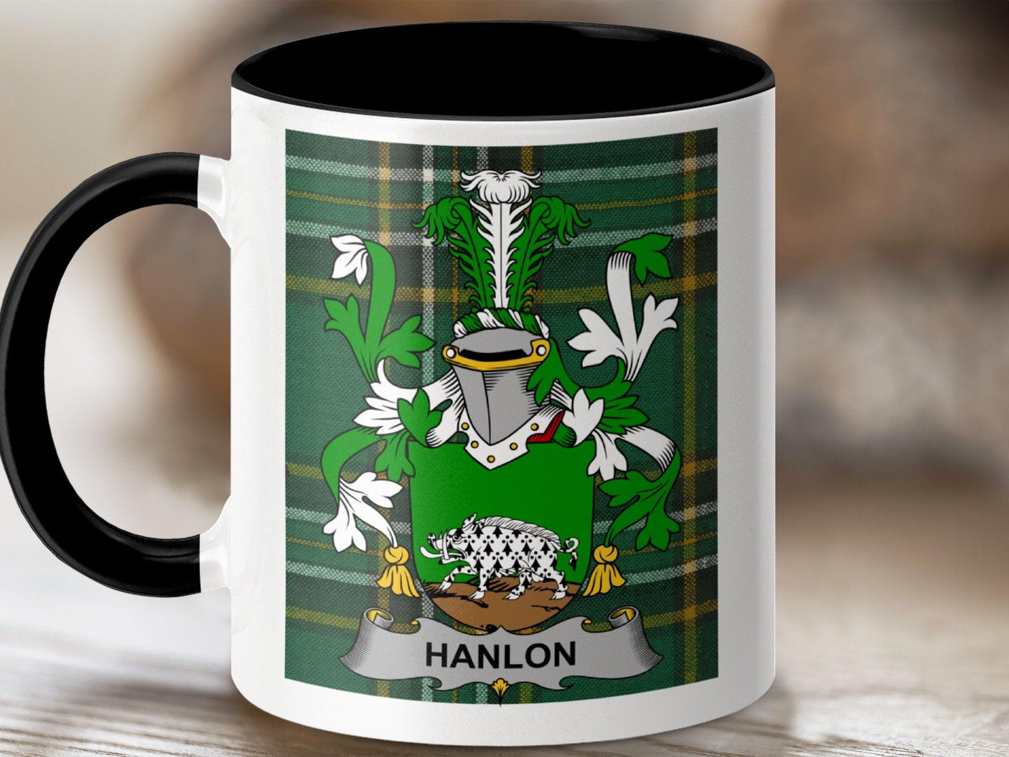 Hanlon Surname Family Crest Irish Tartan Mug - Celtic Ancestry Gifts