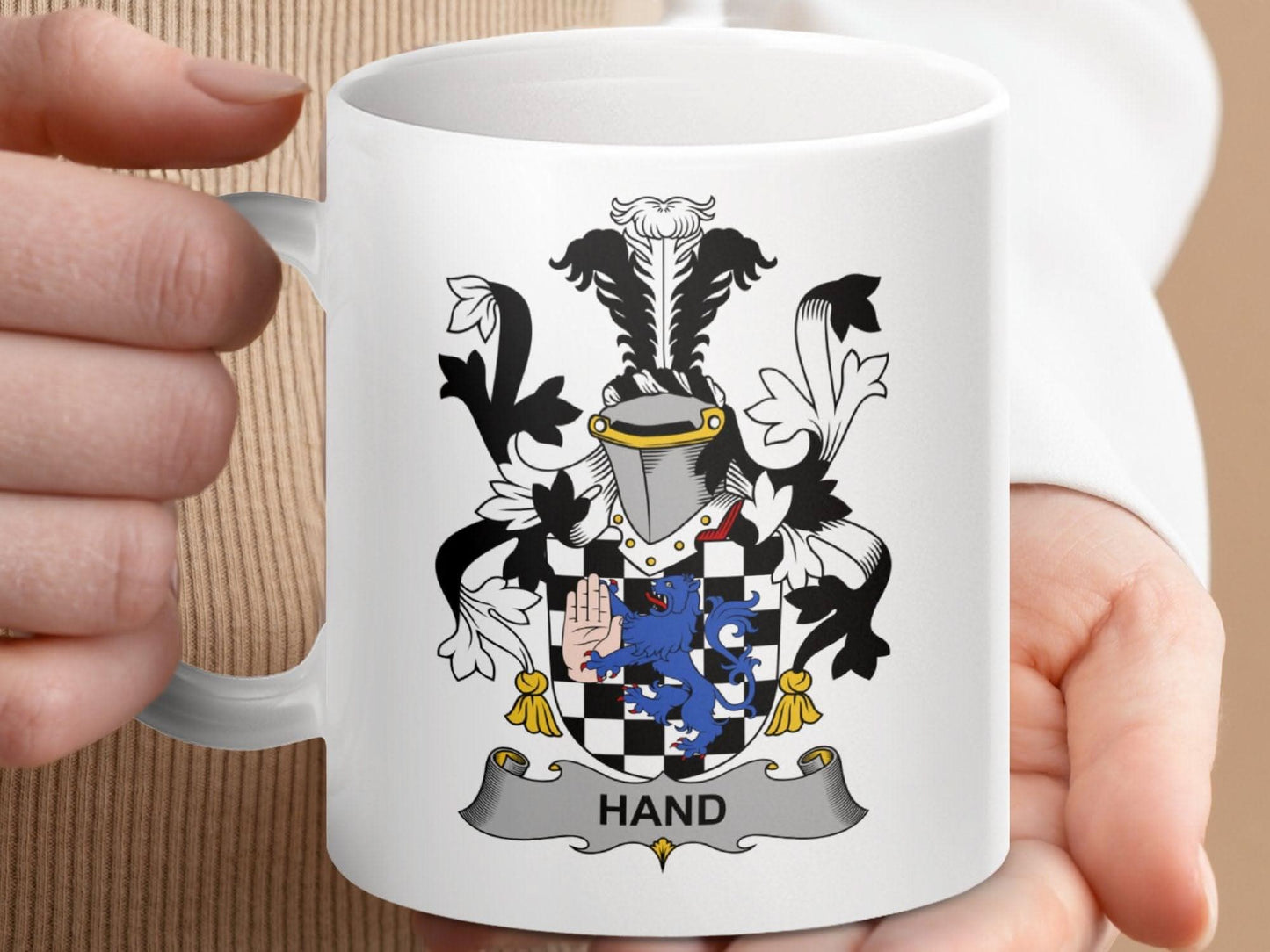 Hand Irish Family Crest Lion Rampant Checkerboard mug - Celtic Ancestry Gifts