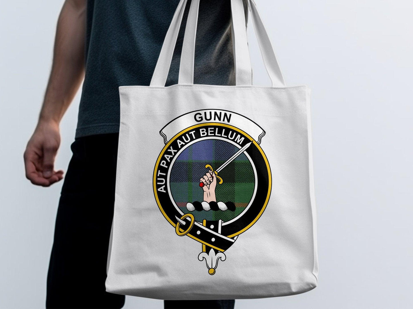 Gunn Scottish Clan Crest Tartan Tote Bags - Celtic Ancestry Gifts
