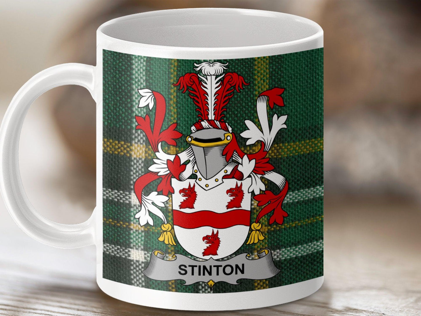 Stinton Family Crest Mug, Personalized Heraldic Coat of Arms, Custom Ceramic Coffee Cup, Ancestral Heritage Gift, Unique Keepsake