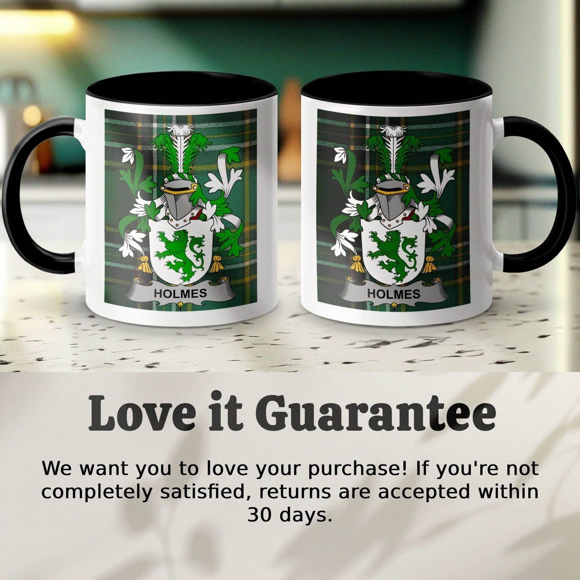 Holmes Surname Family Crest Irish Tartan Mug - Celtic Ancestry Gifts