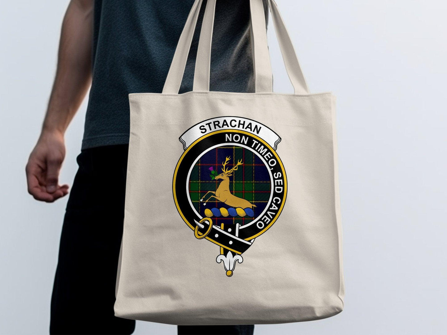 Strachan Scottish Clan Crest Tartan Tote Bags - Celtic Ancestry Gifts