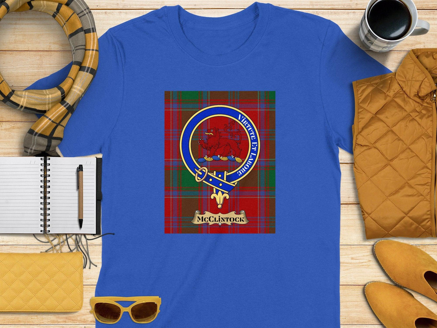Vintage Clan McClintock Tartan T-Shirt, Scottish Heritage Tee, Royal Red Lion Emblem, Plaid Design, Unisex Fashion Shirt