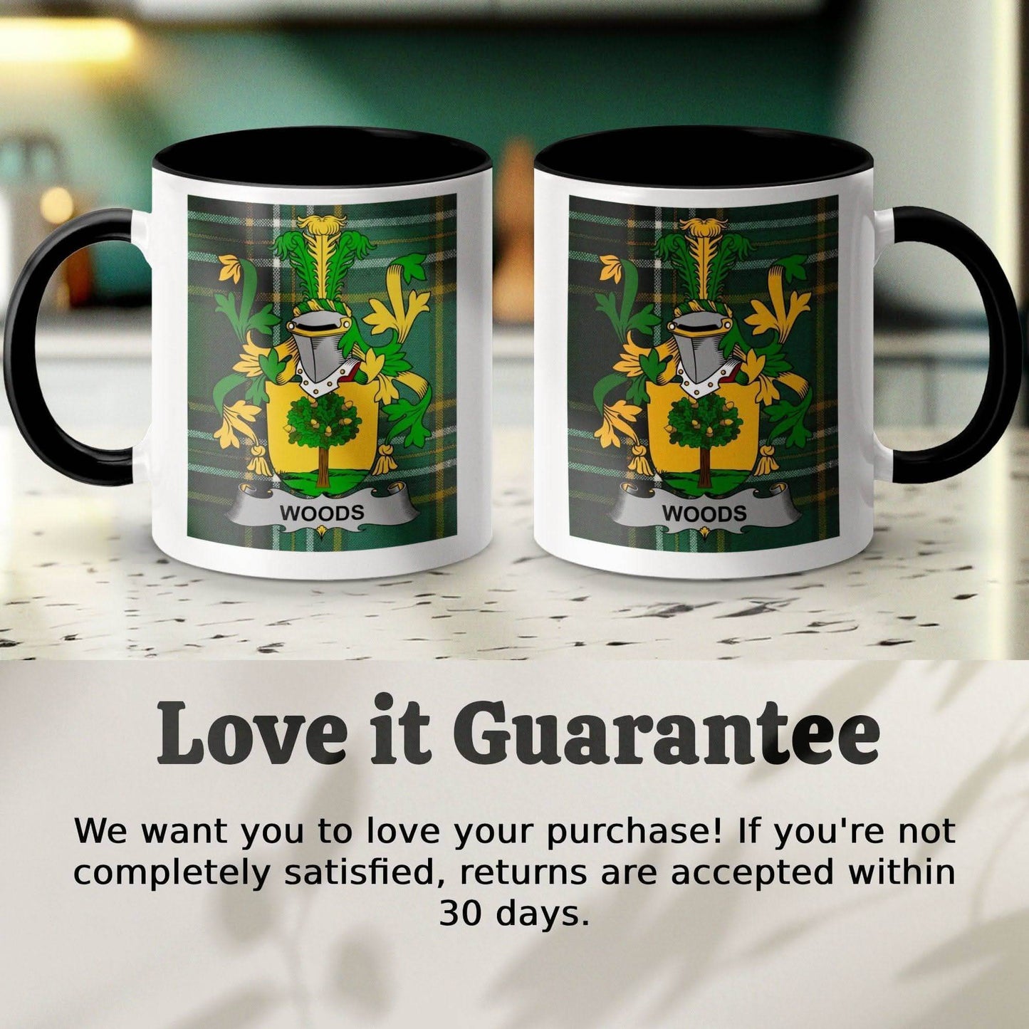 Woods Surname Family Crest Irish Tartan Mug - Celtic Ancestry Gifts