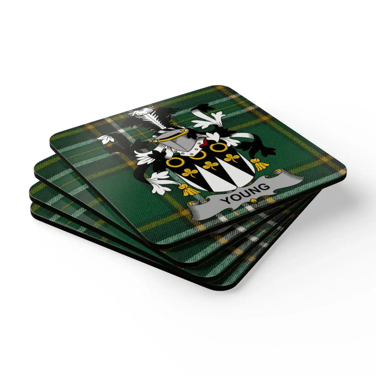 Personalized Family Crest Plaid Green Coaster Set product type