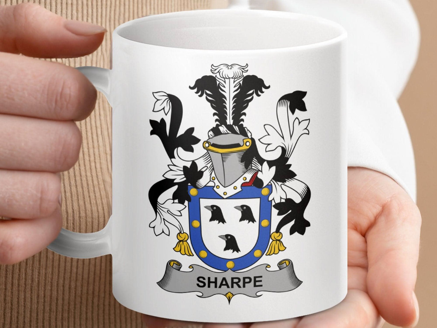 Sharpe Family Crest Coat of Arms Emblazoned Mug - Celtic Ancestry Gifts