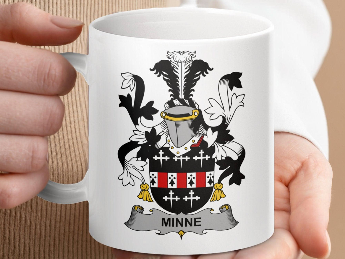 Minne Family Crest Heraldic Emblem Mug - Celtic Ancestry Gifts