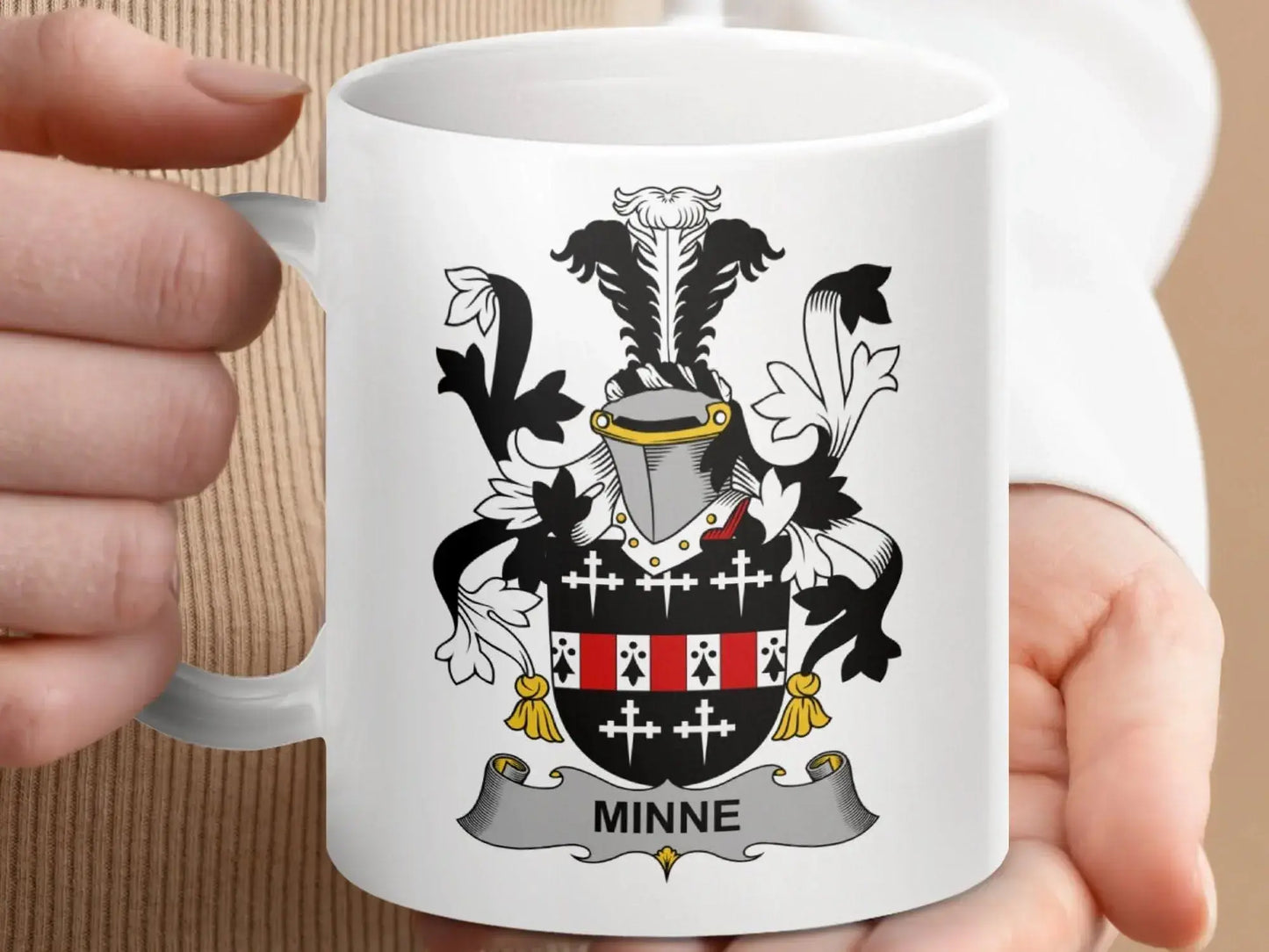 Minne Family Crest Heraldic Emblem Mug - Celtic Ancestry Gifts