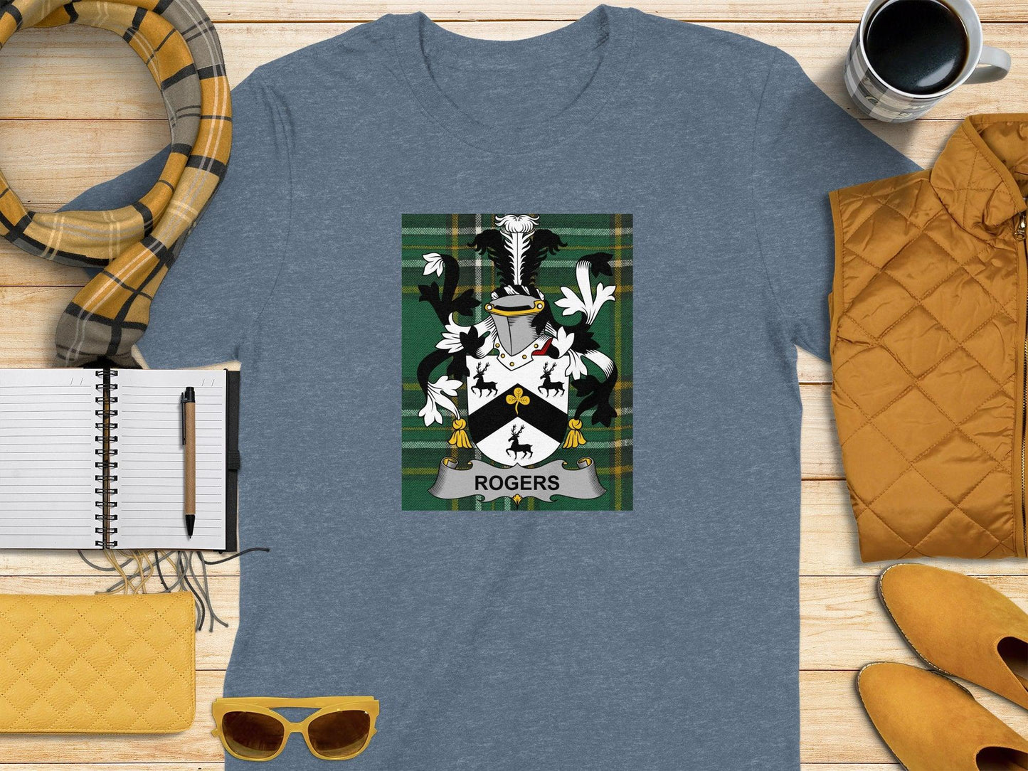 Rogers Family Crest on Irish National Tartan T-Shirt - Celtic Ancestry Gifts