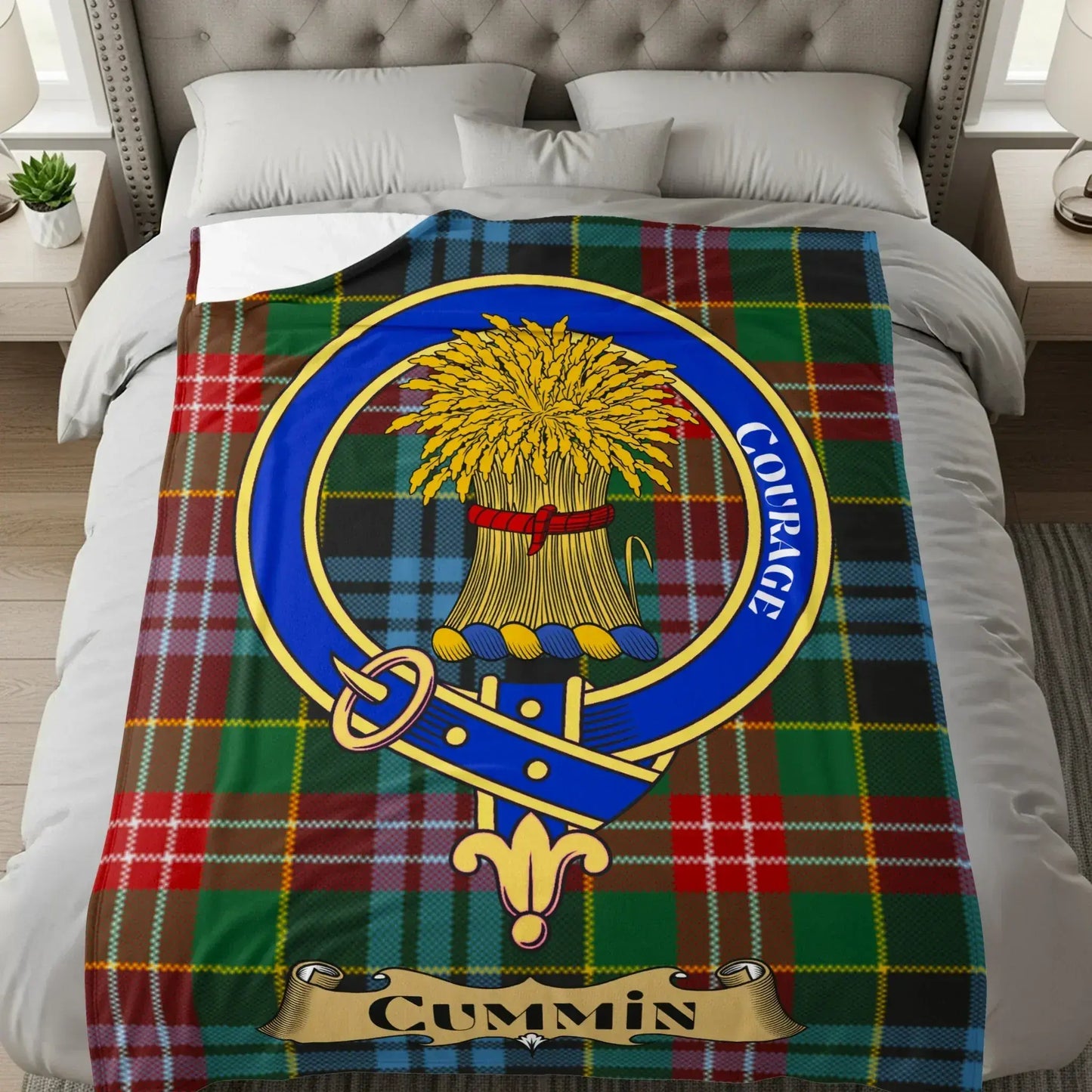 Vibrant Tartan Blanket with Courage Emblem Design product type