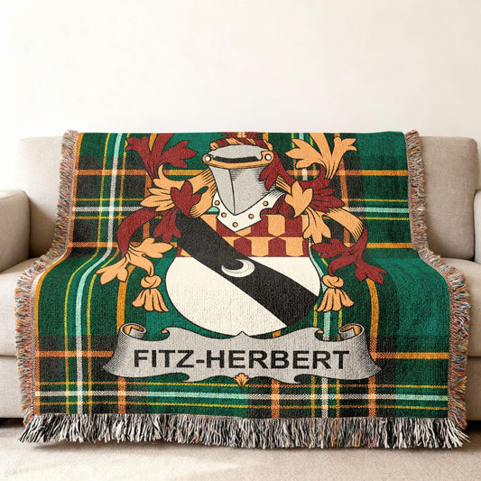 Fitz-Herbert tartan throw blanket with coat of arms.