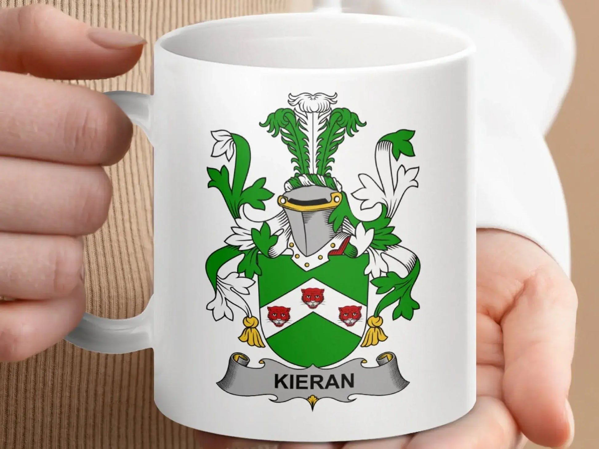 Kieran Family Irish Coat of Arms With Crest Surname Mug - Celtic Ancestry Gifts