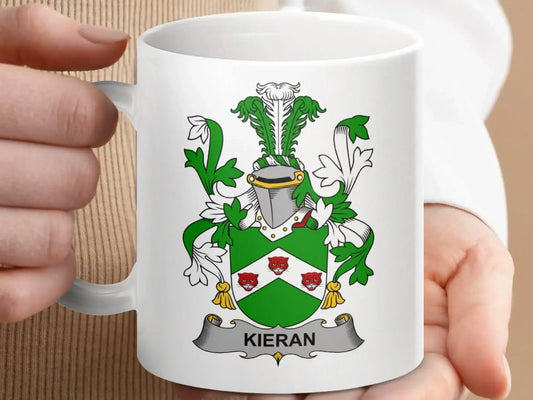 Kieran Family Irish Coat of Arms With Crest Surname Mug - Celtic Ancestry Gifts