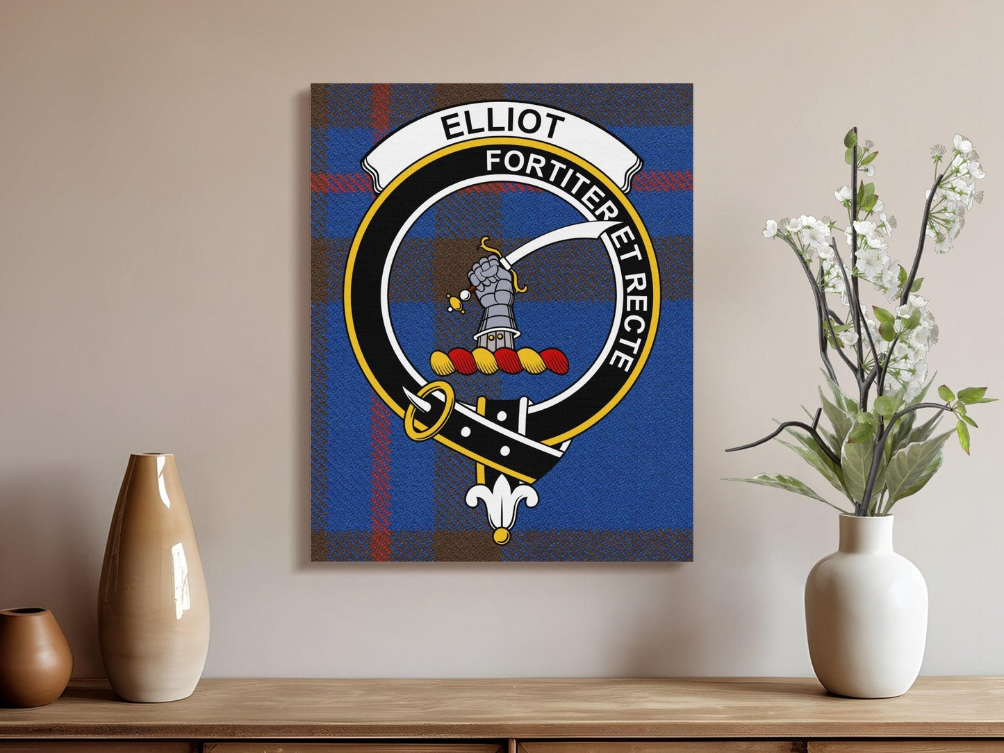 Elliot Scottish Tartan Crest Fortiter Et Recte Canvas - Celtic Ancestry Gifts