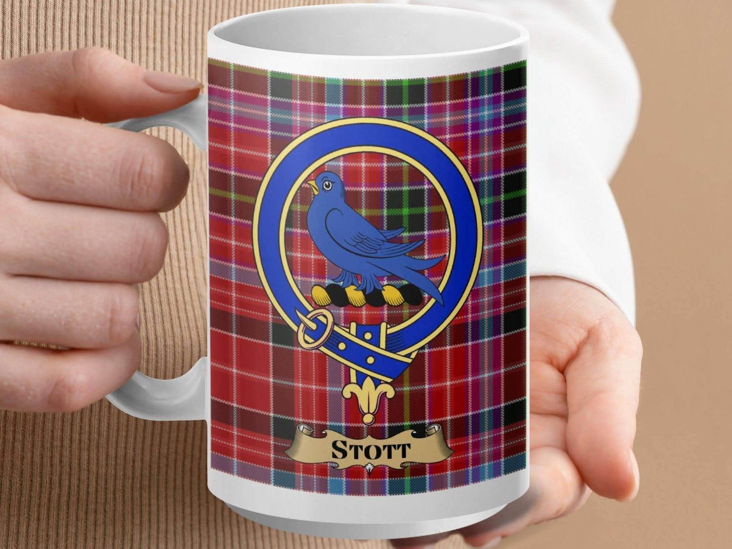 Stott Family Crest Tartan Mug Gift Personalized product
