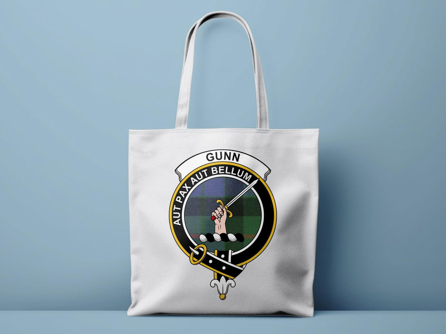 Gunn Scottish Clan Crest Tartan Tote Bags - Celtic Ancestry Gifts