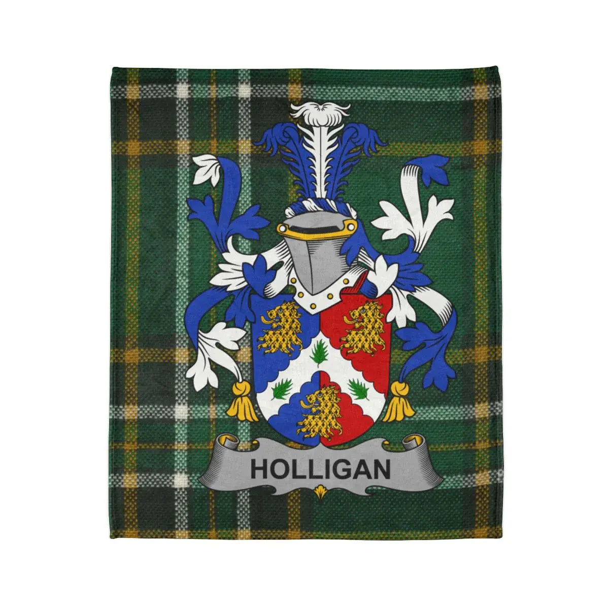 HOLLIGAN Family Crest Green Plaid Throw Blanket product