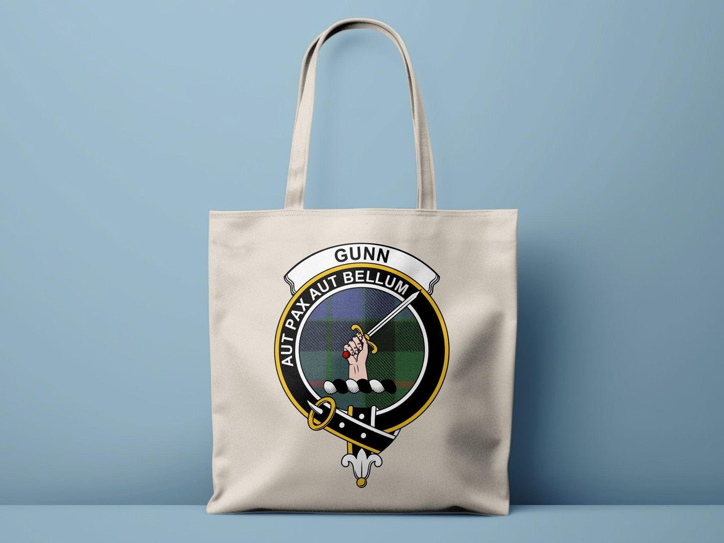 Gunn Scottish Clan Crest Tartan Tote Bags - Celtic Ancestry Gifts
