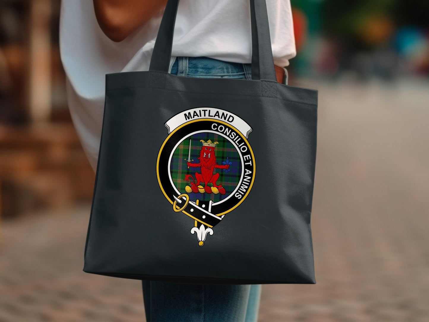 Maitland Consilio et Animis Clan Crest Tartan Tote Bags - Celtic Ancestry Gifts