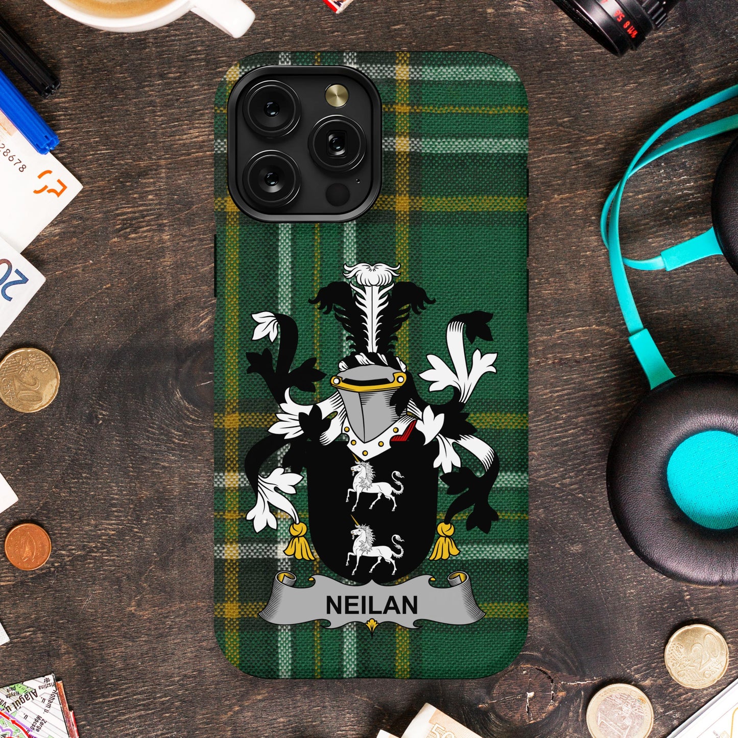 Neilan family crest on green tartan background product type