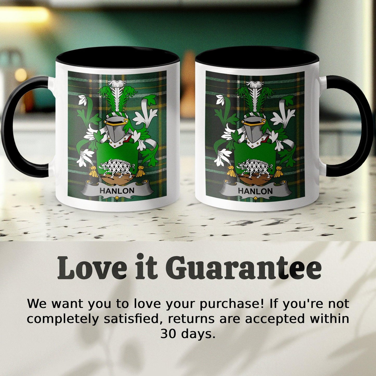 Hanlon Surname Family Crest Irish Tartan Mug - Celtic Ancestry Gifts