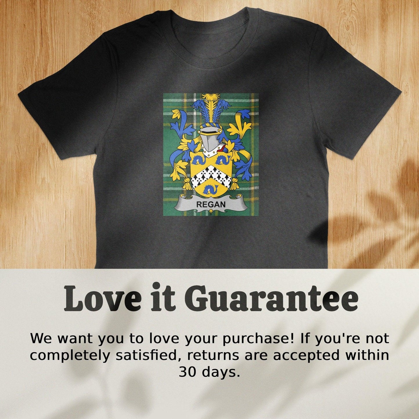 Regan Family Crest on Irish National Tartan T-Shirt - Celtic Ancestry Gifts
