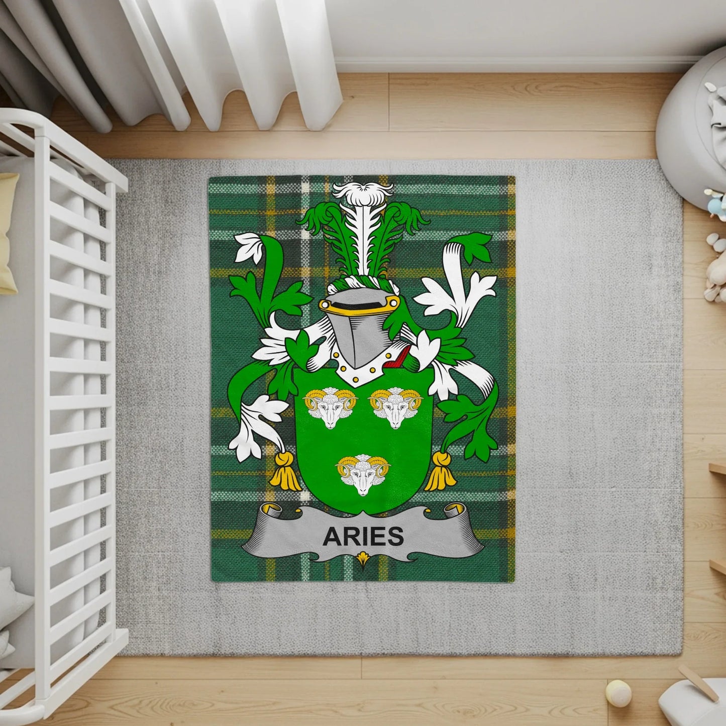Aries Green Plaid Tartan Rug with Crest Design product
