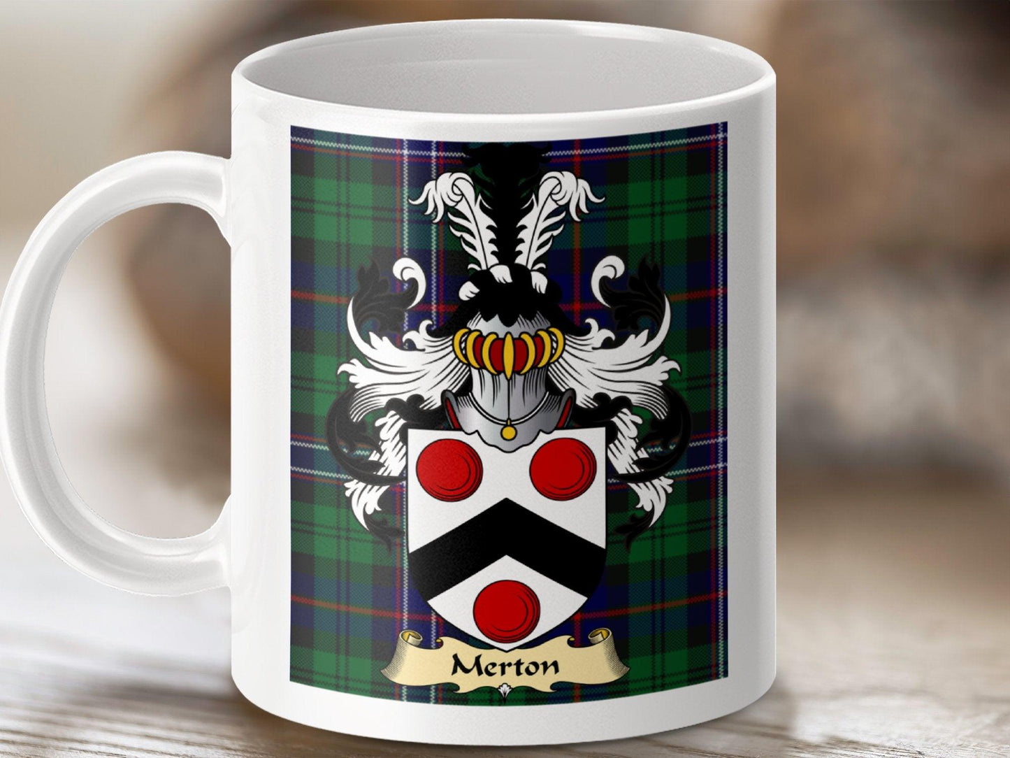 Merton Clan Surname Coat Of Arms Tartan Mug - Celtic Ancestry Gifts