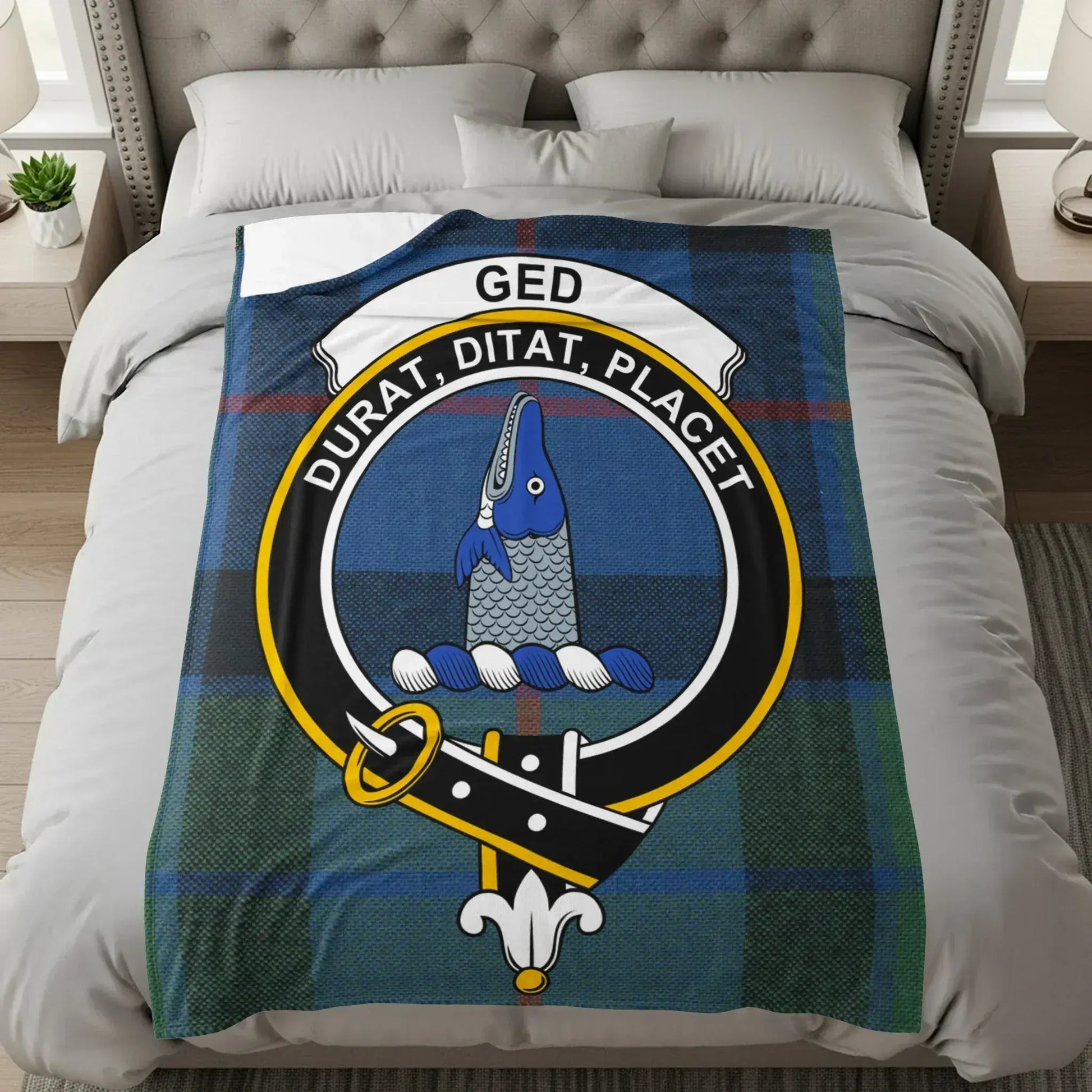 Clan Ged Badge Blue and Green Plaid Blanket product