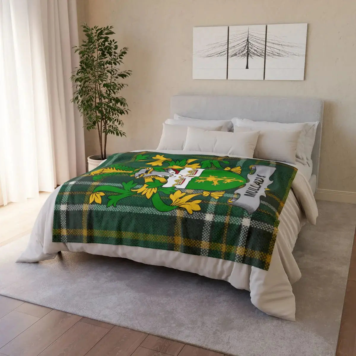 Vibrant Plaid Quilt with Artistic Family Crest product type