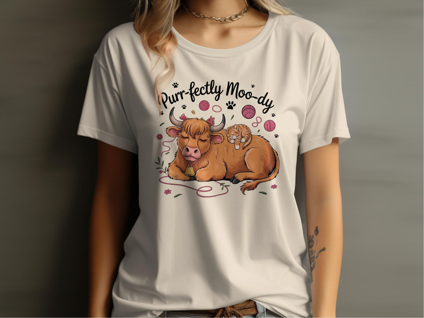 Purr-fectly Moo-dy Cow and Cat Cartoon Art T-Shirt - Celtic Ancestry Gifts