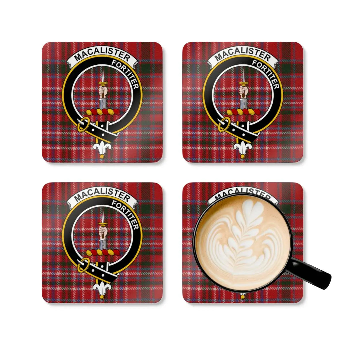Macalister Fortier Crest Red Plaid Drink Coasters product type